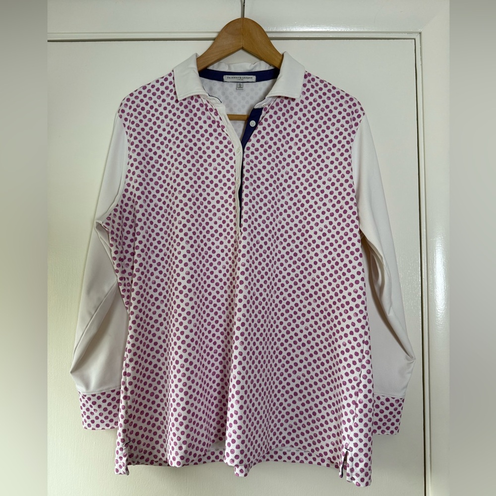 Fairway & Greene Ladies Golf Athletic Shirt Long Sleeve Purple Polka Dot XL